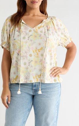Liverpool L.A. Floral Gathered Split Neck Top in Pristine Multi at Nordstrom, Size 3 X