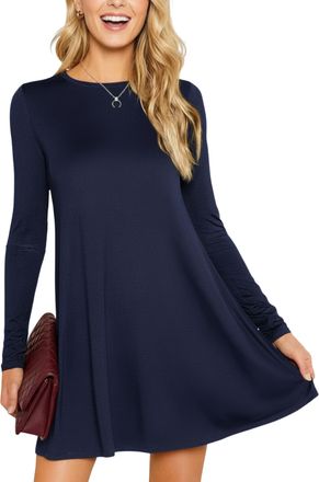 Re Tech UK Womens Ladies Long Sleeve Midi Plain Flared A line Skater Swing Dress Jersey Tee, 20-22, Navy