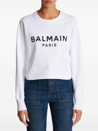 Balmain Womens Logo Organic Cotton Cropped Sweatshirt - White - Size Medium
