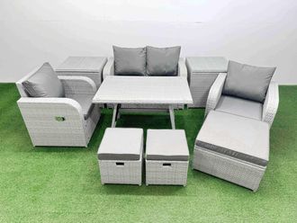 Fimous PE Wicker Rattan Garden Furniture Set Reclining Chair Love Sofas in Light Grey