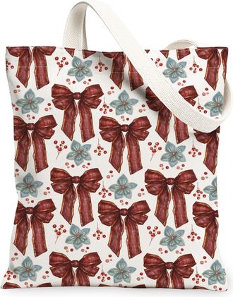 Generic Christmas Bows Canvas Tote Bags, Elegant Floral Pattern Reusable Grocery Bags, Vintage Lightweight Washable Shoulder Strap, Red, 13x15 Inch