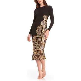 Dress The Population Mara Sequin Long Sleeve Midi Dress in Gold Multi at Nordstrom, Size Medium