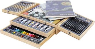 ECD Germany Ecd Germany - Set per Pittura con Valigetta in Legno 85 pezzi 3 Blocchi da Disegno A4 Colori Acrilici e Accessori Kit Disegno Pennelli Pastelli
