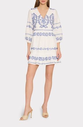 Milly Lene Embroidered Linen & Cotton Minidress in White/Blue at Nordstrom, Size 12