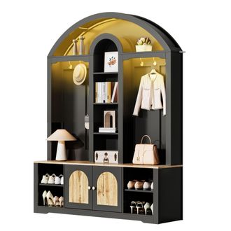 STILVORA Mueble De Entrada Con 2 Puertas, 3 Estantes Abiertos, Ganchos Y Led Usb, Estilo N&oacute;rdico, En Mdf, Negro, 150&times;40&times;195 Cm