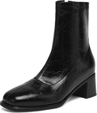 Generic Womens Square Toe Ankle Booties Faux Leather Block Heels Side Zipper Comfortable Non-Slip Retro Casual Daily Office Streetwear Shoes,Black,6.5 UK