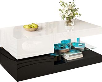 STILVORA Mesa De Centro Con Led Y App Bluetooth, Estante De Cristal, Acabado Brillante, Estilo Moderno, En Tablero De Part&iacute;culas, Negro Y Blanco