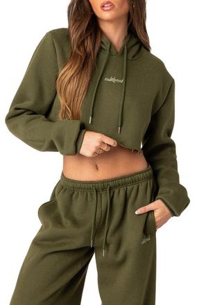 Edikted Breanna Cotton Blend Crop Hoodie in Olive at Nordstrom, Size Small