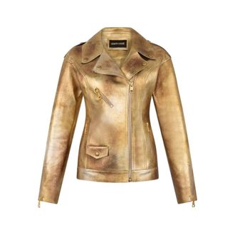 Roberto Cavalli Laminated Leather Biker Jacket - Dames - Leren en Su&egrave;de Jassen - Geel - S - Leer - Jassen