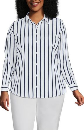 Lands End No Iron Supima Cotton Long Sleeve Shirt in White/navy Classic Stripe at Nordstrom, Size 16W