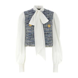 Balmain Shirts, female, Multicolor, Size: S Blue Tweed Insert Shirt with Bow