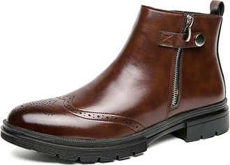 Generic Mens Round Toe Platform Brogue Shoes PU Leather Short Boots with Side Zipper Flat Heel Chelsea Ankle Boots,Brown,12.5 UK