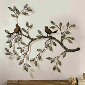 OEM Decoraci&oacute;n De Pared Con P&aacute;jaros: Pareja De Agapornis En Ramas. Escultura De Pared Met&aacute;lica En 3d, Decoraci&oacute;n Retro De Hierro Forjado. 58 X 48 Cm. -cre