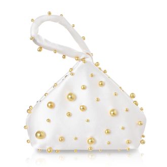 Babeyond Clutch Purses for Women - Satin Evening Bag Triangle Purse Pearl Handbag for Wedding Prom Party, White With Golden Pearls, One Size