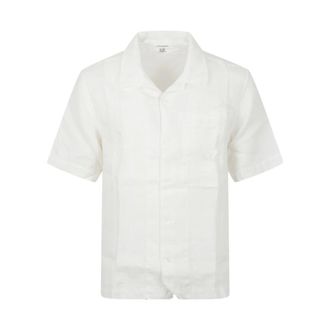 C.P. Company Linnen Bowling Shirt - Heren - Korte mouwen Overhemden - Wit - L - Linnen - Overhemden