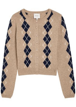 Reformation Clara Argyle Cashmere Cardigan - Beige - XL (UK16 / XL)