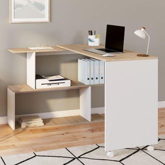 IDMarket Joy Scrivania angolare girevole a 180&deg; Scaffale a s in legno effetto faggio e bianco