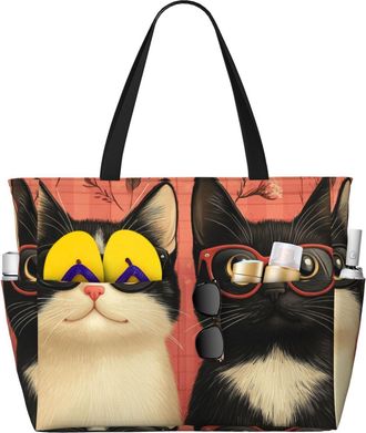 Generic Cute Cat Print Large Beach Bag Foldable Travel Shoulder Tote Bag With Pocket For Weekender Pool Vacation