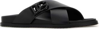 Dolce & Gabbana Mens Logo-Embossed Leather Slide Black Calfskin
