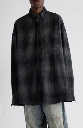 Balenciaga Oversize Plaid Wool Blend Flannel Button-Down Shirt in 1262 Grey/Black at Nordstrom, Size 3