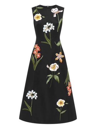 LEO LIN floral embroidered midi dress - women - Polyester - 10 - Black
