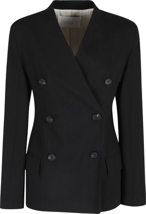 Tela Black Cles Double-Breasted V-Neck Linen-Blend Jacket