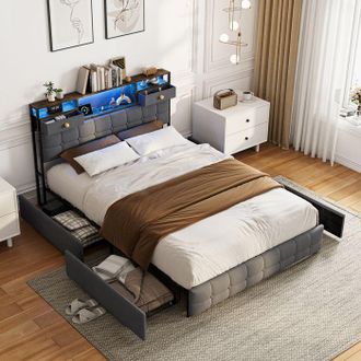 OEM Cama Doble 140x200 - Dise&ntilde;o Moderno Y Elegante - Terciopelo Gris Antracita - 6 Cajones - Cabecera Con Led Rgb Y Usb/tipo-c