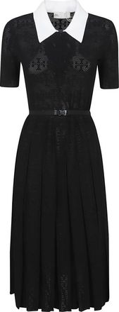Tory Burch Monogram Pointelle Pleated Dress - female - Tory Burch - Knitted Dresses - Black - M - Dresses