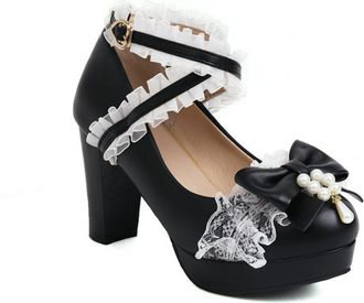 Generic Womens Lolita Style Pumps Block Heel Platform Shoes Lace Cross Strap Heels with Bow,Black,6.5 UK