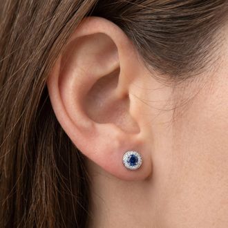 Pompeii3 5/8ct Halo Diamond Blue Sapphire Studs 14K White Gold