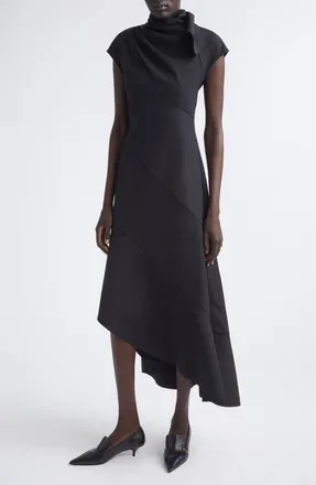 Proenza Schouler Elodine Asymmetric Tropical Wool Blend Dress in Black at Nordstrom, Size 10