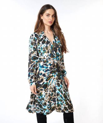 Esqualo Astrid Animal Roots Twist Midi Dress In Peacock Blue Navy Olive Green