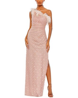 Mac Duggal Embellished One Shoulder Gown W/ Ostrich Feathers