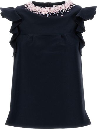 Shushu/Tong Blue Lace Cap Sleeve Bow Embellished Wool-Blend Top