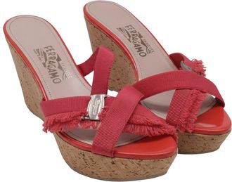 Ferragamo Womens Polyester Criss-Cross Ribbon Wedge Sandal (Authentic Pre-Loved)