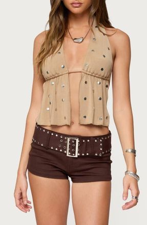 Edikted Studded Faux Suede Split Front Halter Top in Mocha at Nordstrom, Size X-Small