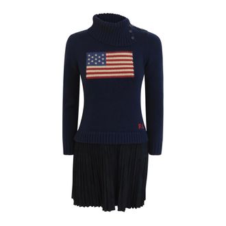Ralph Lauren Kleedjes, Dames, Blauw, M, Katoen, USA Flag Knit Dress