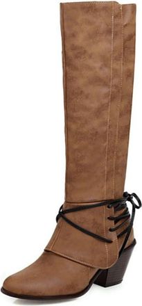 Generic Womens Western Knee High Boots Lace Up Back Chunky Heel Faux Leather Pointed Toe Comfortable Non Slip Durable for Casual Concert Rodeo,Brown,4.5 UK