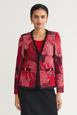 Ming Wang Heritage Floral Ruffle Trim Jacquard Knit Jacket in Holiday/twig/black at Nordstrom, Size 2 X