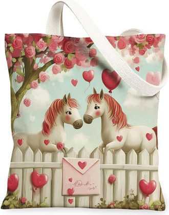 Generic Valentines Day Horse Canvas Tote Bag for Shopping 13x15, Farmhouse Country Animal Couple Reusable Grocery Print Pattern Bag for Women, Lover Beach Aes