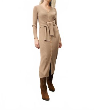 FRNCH Margaux Long Sleeve Midi Dress In Camel