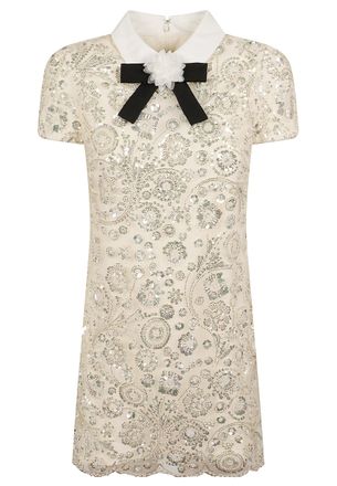 Self Portrait Cream Sequin Embellished Mini Dress With Point Collar