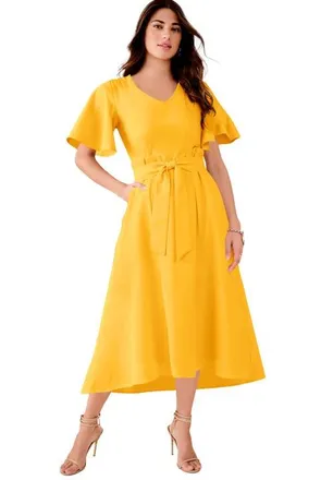 Roaman's Plus Size Flutter Sleeve V Neck Fit And Flare Bi Stretch Maxi Dress in Sunset Yellow at Nordstrom, Size 34