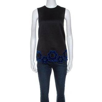 Christopher Kane Black Cotton Blend Flower Applique Trim Sleeveless Top