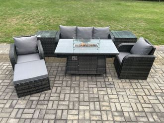 Fimous Wicker Rattan Garden Furniture Sofa Set Gas Fire Pit Dining Table Indoor Outdoor with 2 Side Tables Chair Footstool in Dark Grey
