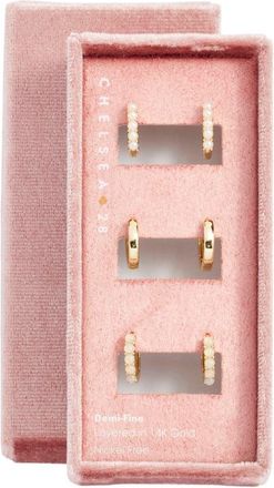 Chelsea28 Set of 3 Demi Fine Huggie Hoop Earrings in White- Clear- Gold at Nordstrom