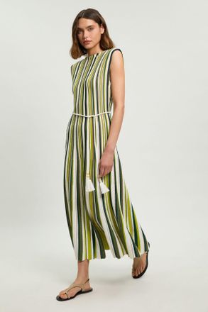 Karen Millen Womens Knit Stripe Low Back Belted Midi Dress - Green Viscose - Size X-Small