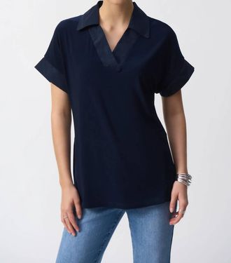 Joseph Ribkoff Collared V-Neck Short Sleeve Top In Midnight Blue