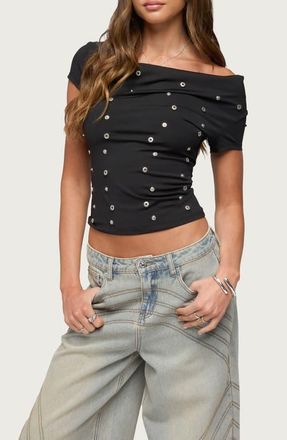 Edikted Bijou Metal Snap Stud Off the Shoulder Top in Black at Nordstrom, Size X-Large