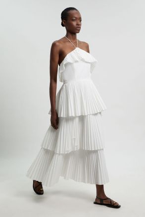 Karen Millen Womens Petite Cotton Poplin Pleat Detail Halterneck Woven Maxi Dress - White - Size 10 UK